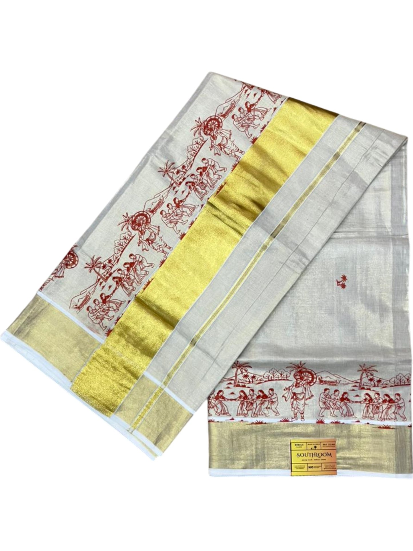 Southloom Tissue Kerala Kasavu Saree with Onam Digital Print on Body and Border in Orange SL495