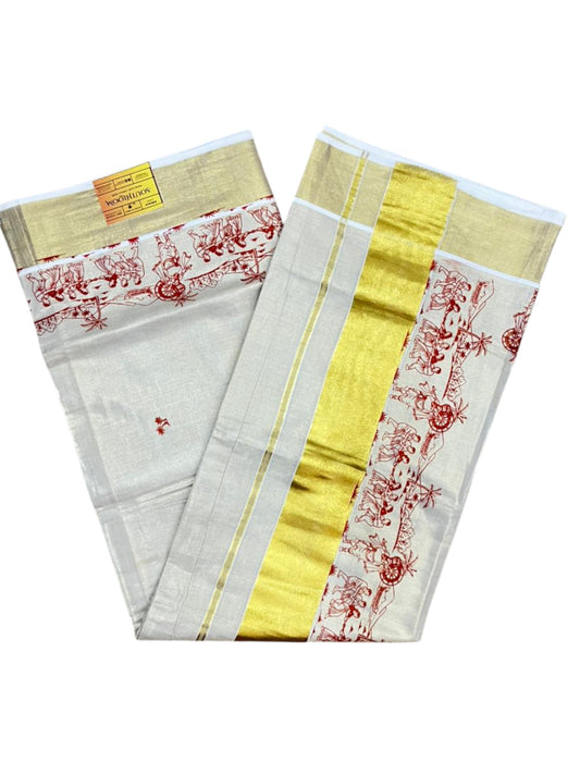 Southloom Tissue Kerala Kasavu Saree with Onam Digital Print on Body and Border in Orange SL495