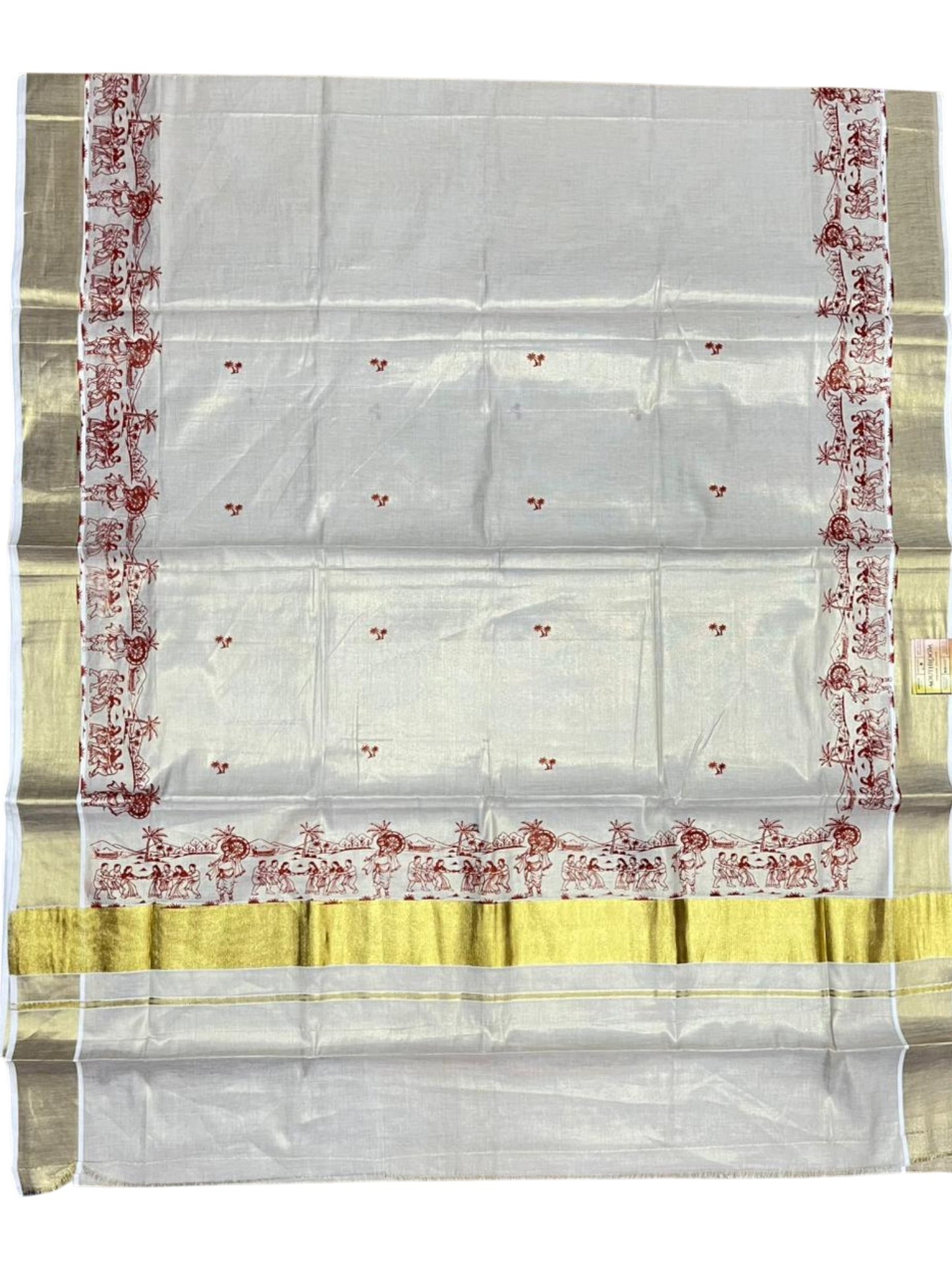 Southloom Tissue Kerala Kasavu Saree with Onam Digital Print on Body and Border in Orange SL495