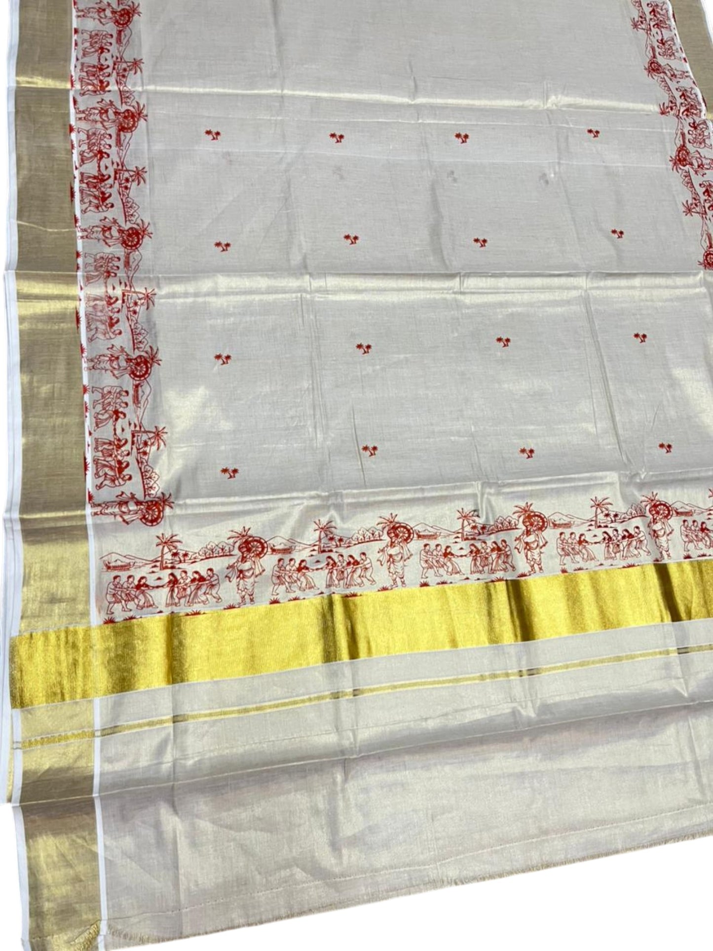 Southloom Tissue Kerala Kasavu Saree with Onam Digital Print on Body and Border in Orange SL495
