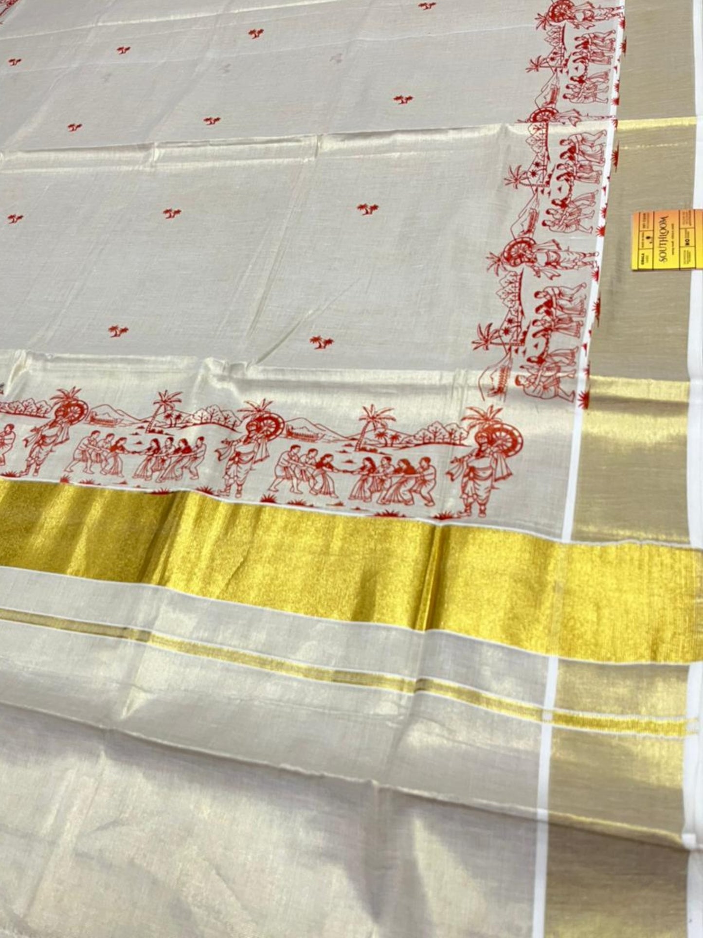 Southloom Tissue Kerala Kasavu Saree with Onam Digital Print on Body and Border in Orange SL495