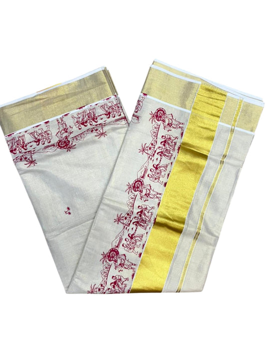 Southloom Tissue Kerala Kasavu Saree with Onam Digital Print on Body and Border in Red SL495