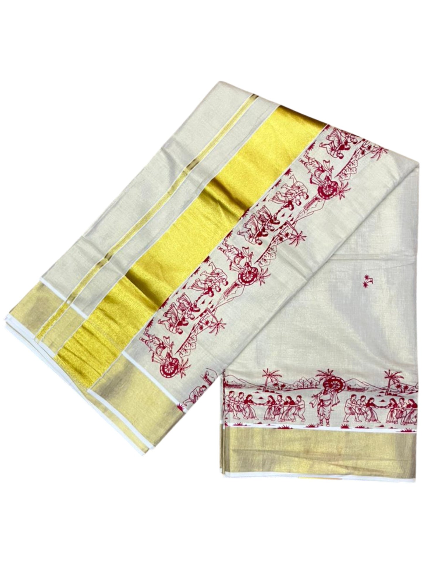 Southloom Tissue Kerala Kasavu Saree with Onam Digital Print on Body and Border in Red SL495