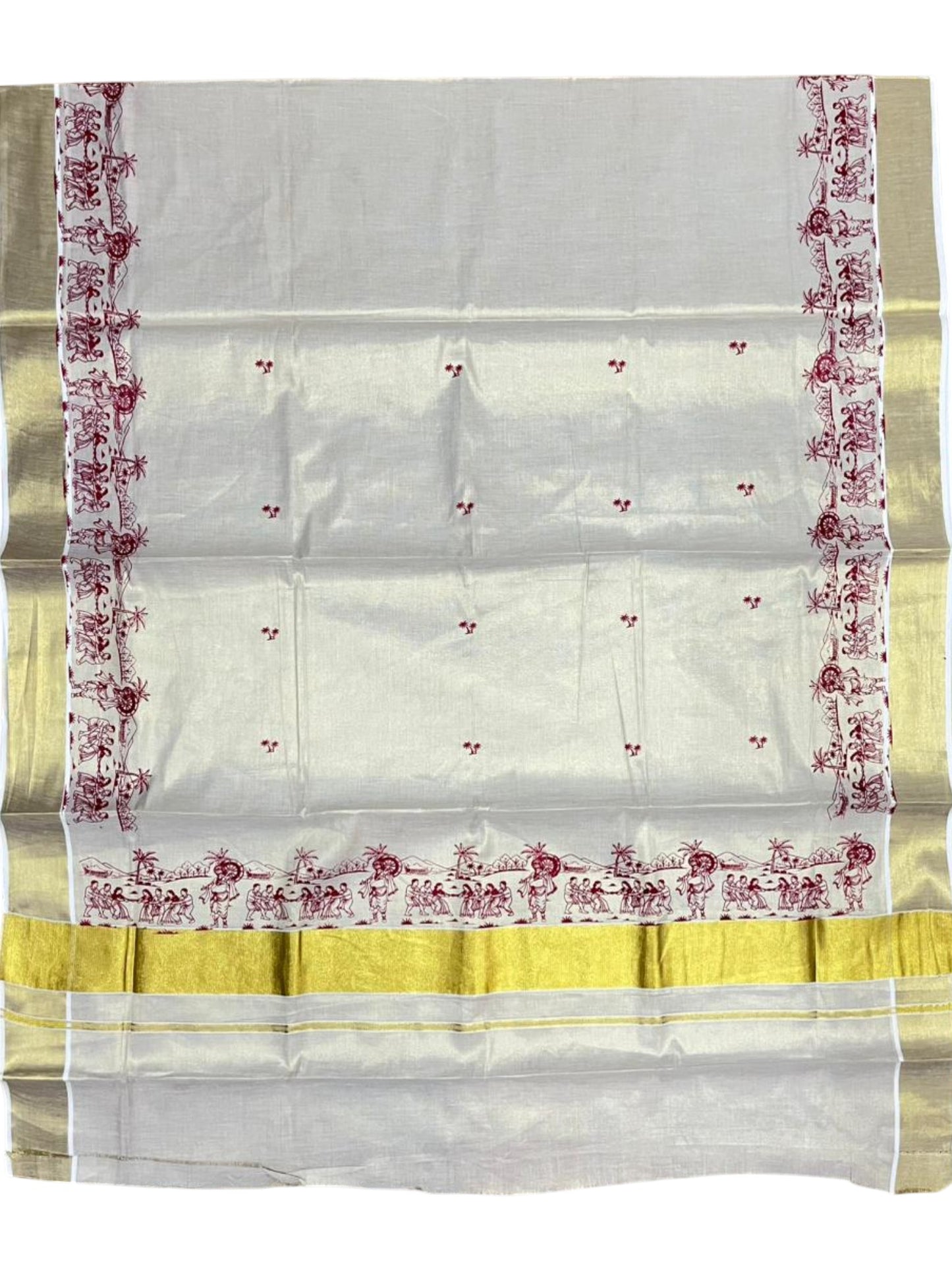 Southloom Tissue Kerala Kasavu Saree with Onam Digital Print on Body and Border in Red SL495