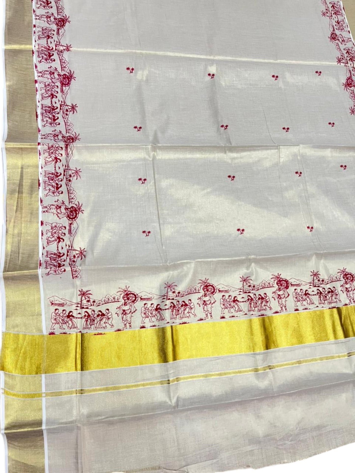 Southloom Tissue Kerala Kasavu Saree with Onam Digital Print on Body and Border in Red SL495