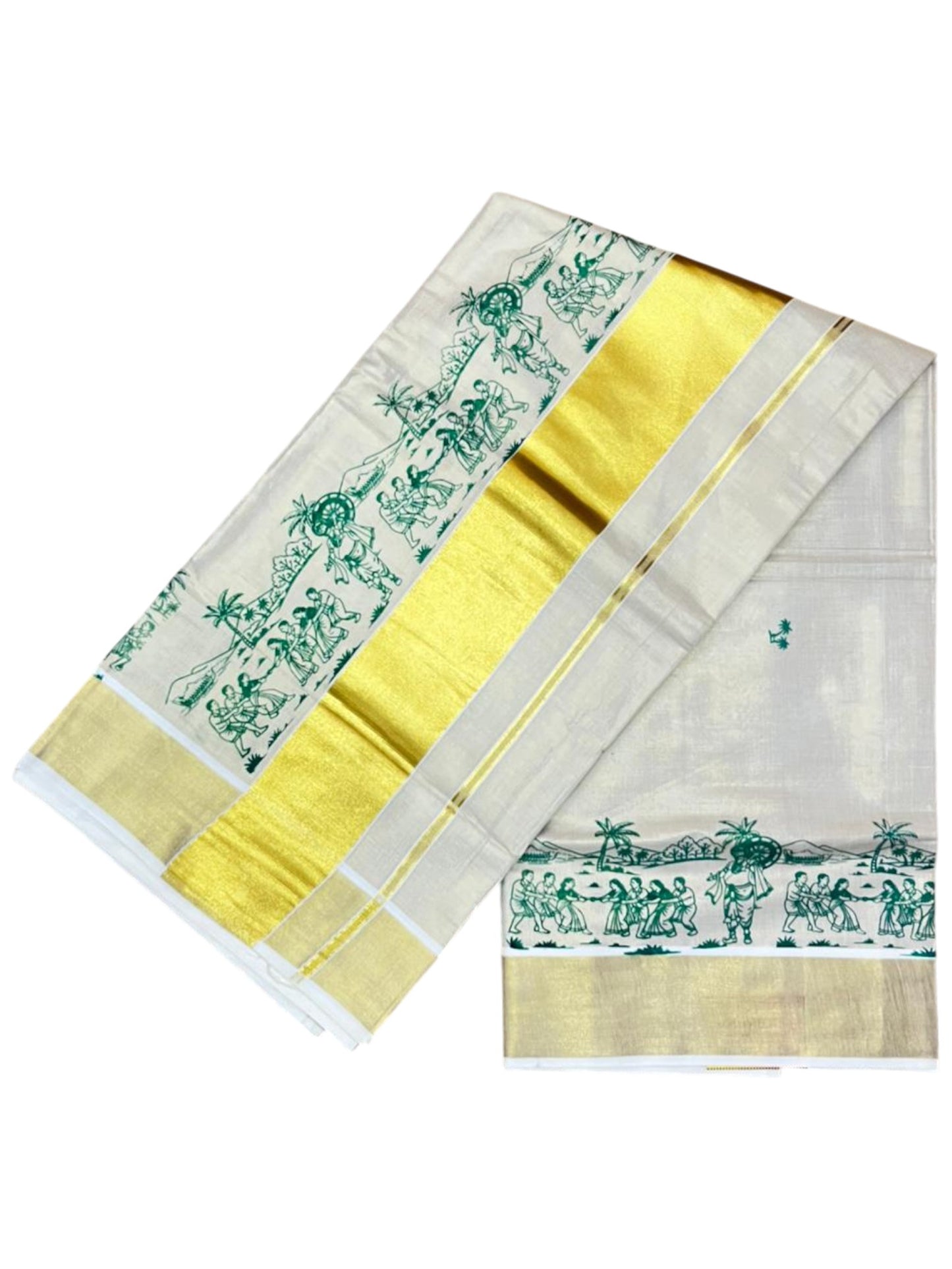 Southloom Tissue Kerala Kasavu Saree with Onam Digital Print on Body and Border in Green SL495