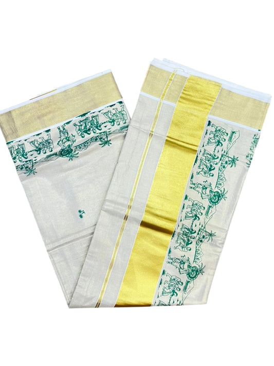 Southloom Tissue Kerala Kasavu Saree with Onam Digital Print on Body and Border in Green SL495