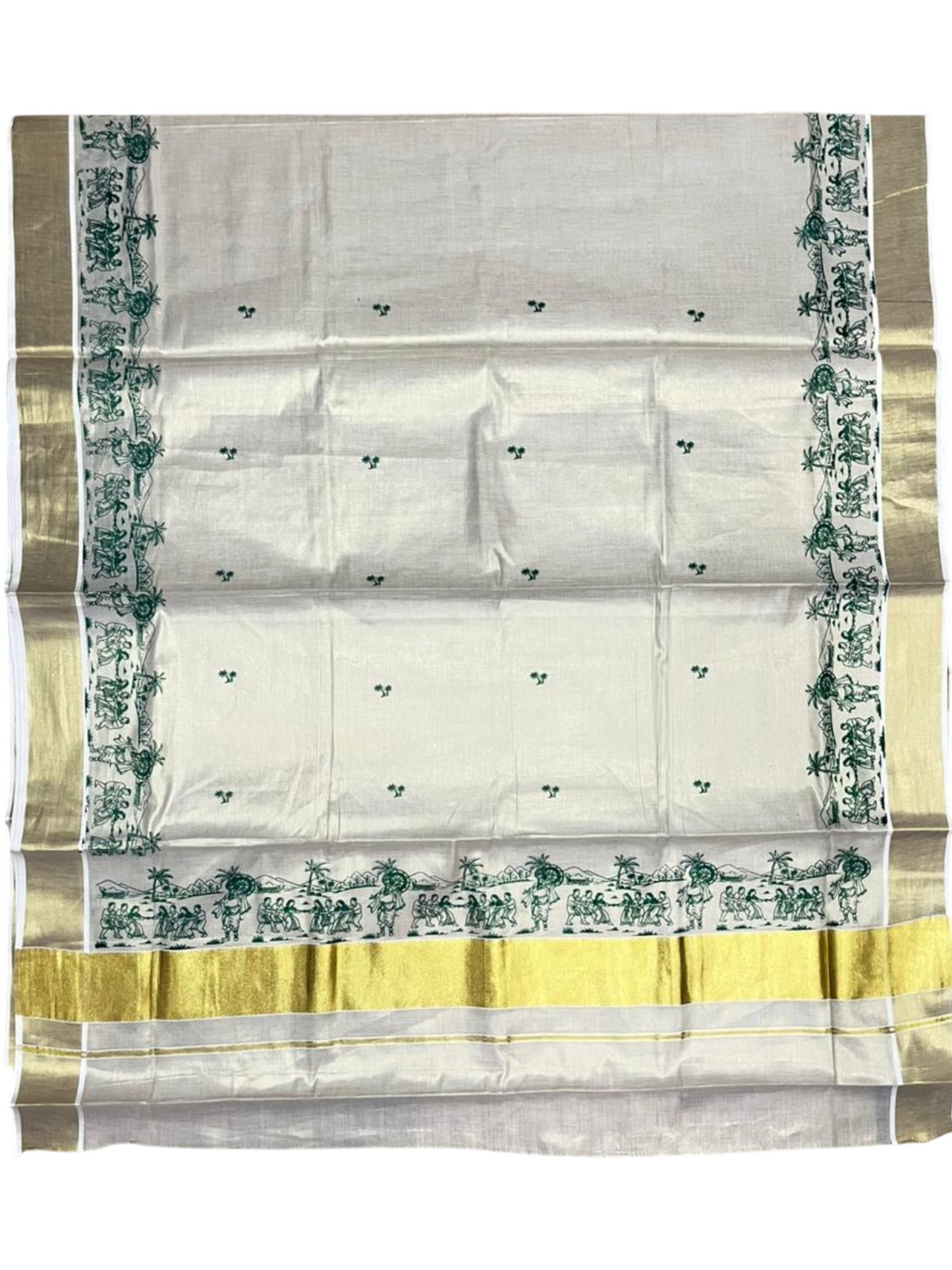 Southloom Tissue Kerala Kasavu Saree with Onam Digital Print on Body and Border in Green SL495