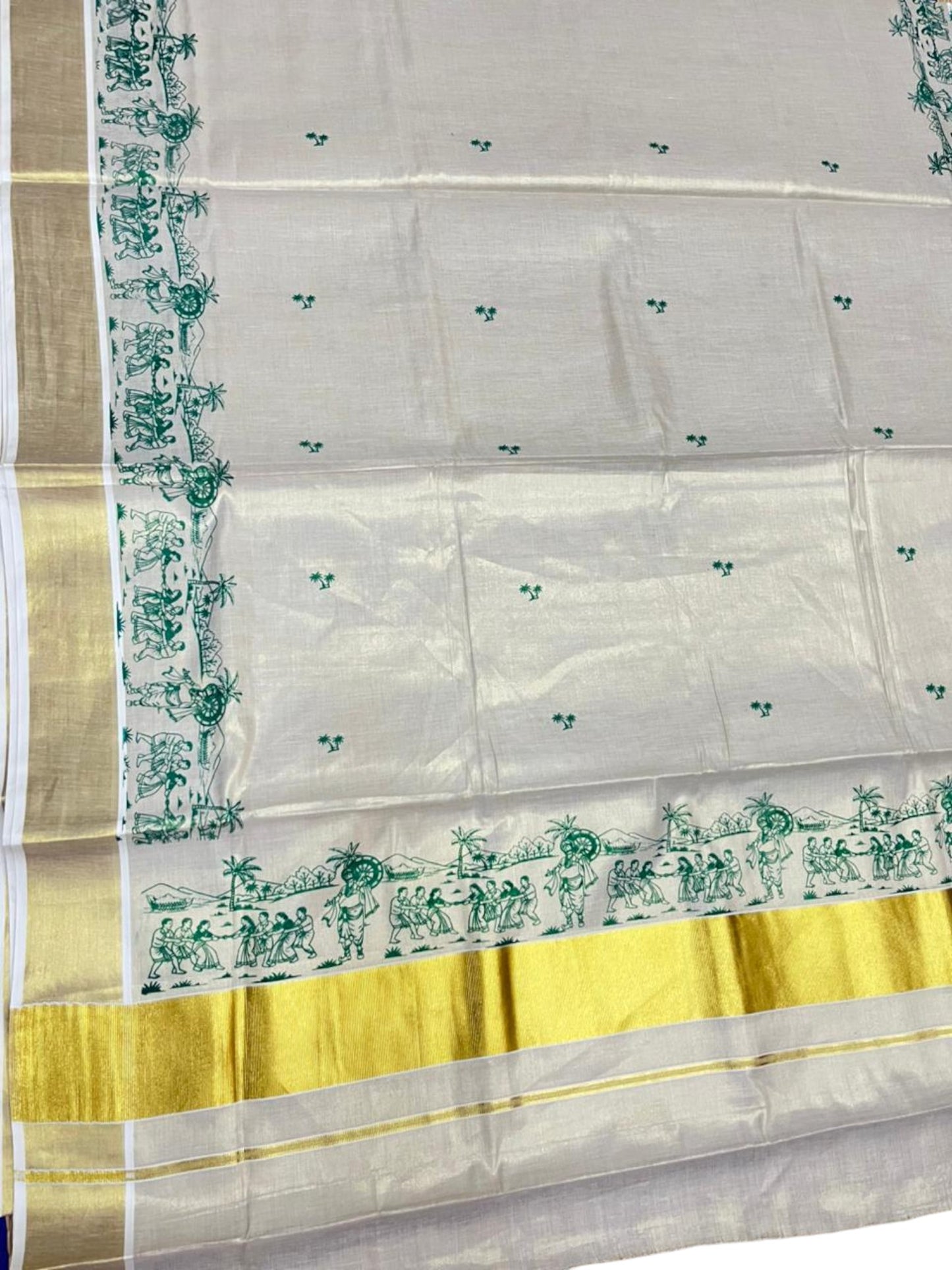Southloom Tissue Kerala Kasavu Saree with Onam Digital Print on Body and Border in Green SL495