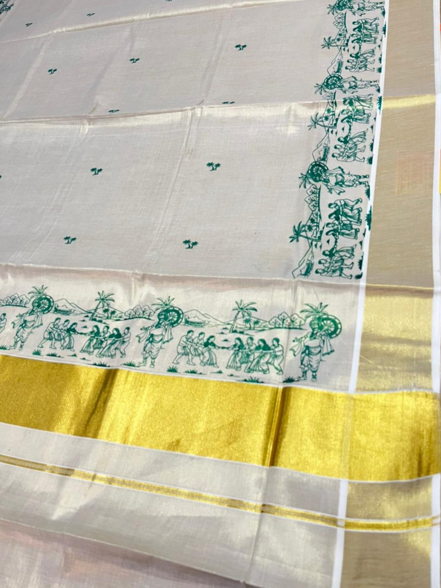Southloom Tissue Kerala Kasavu Saree with Onam Digital Print on Body and Border in Green SL495