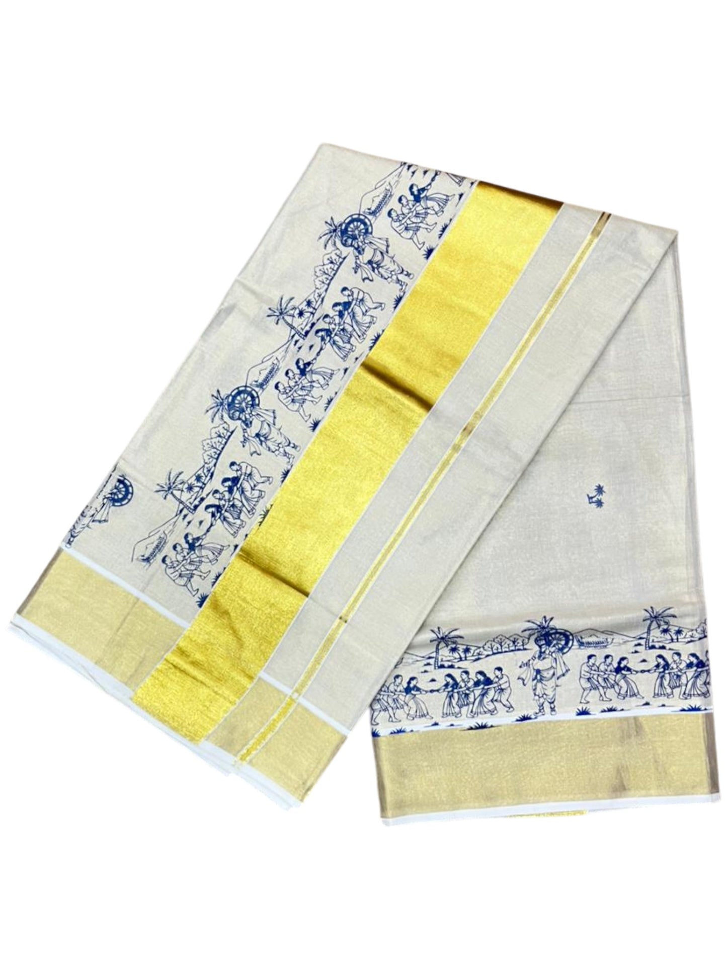 Southloom Tissue Kerala Kasavu Saree with Onam Digital Print on Body and Border in Blue SL495