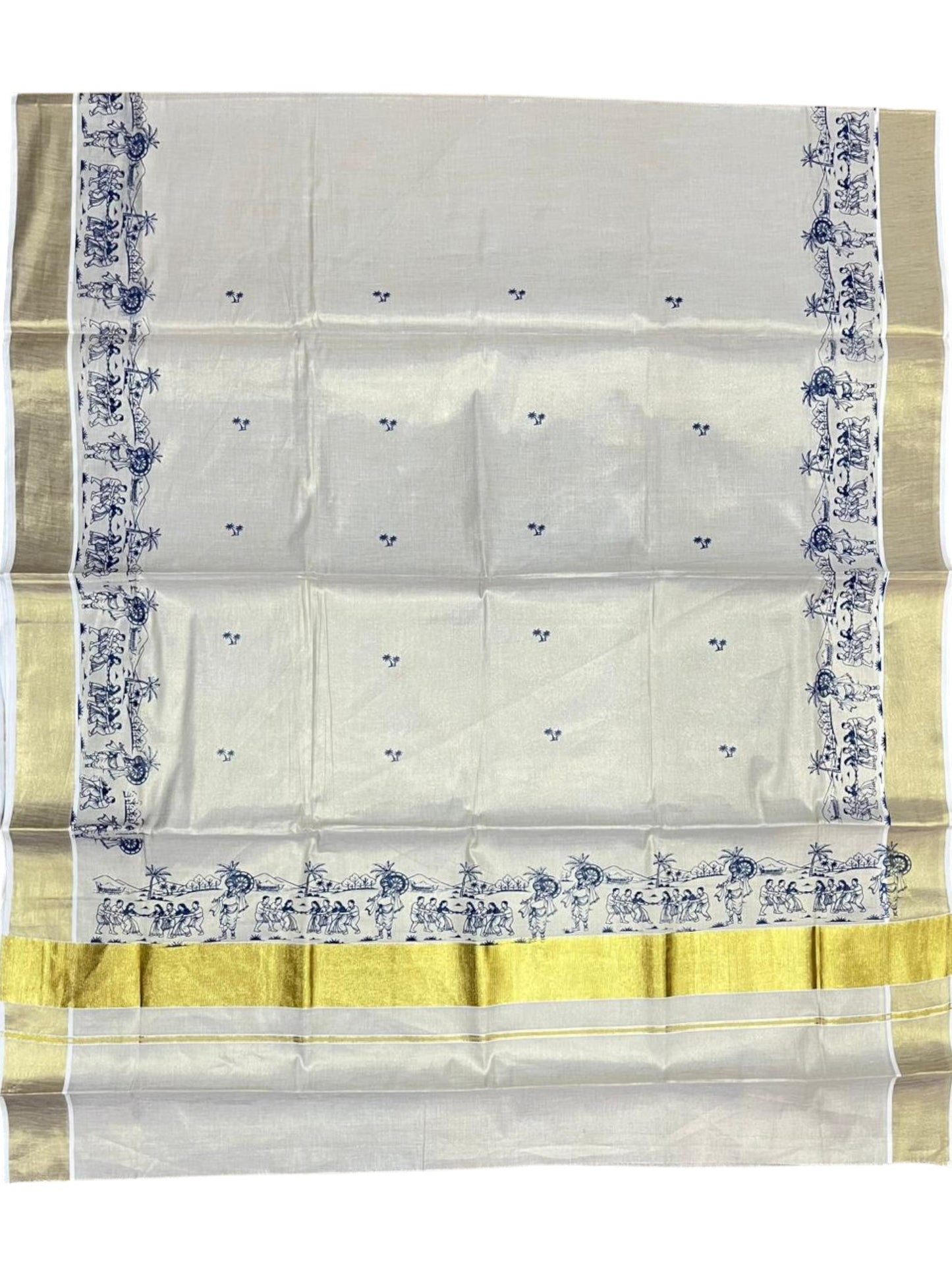 Southloom Tissue Kerala Kasavu Saree with Onam Digital Print on Body and Border in Blue SL495