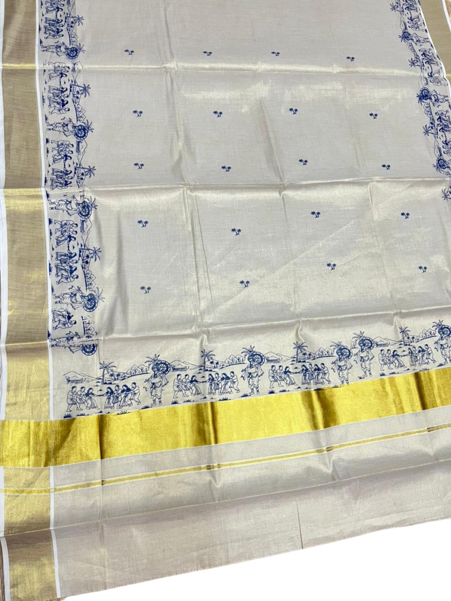 Southloom Tissue Kerala Kasavu Saree with Onam Digital Print on Body and Border in Blue SL495