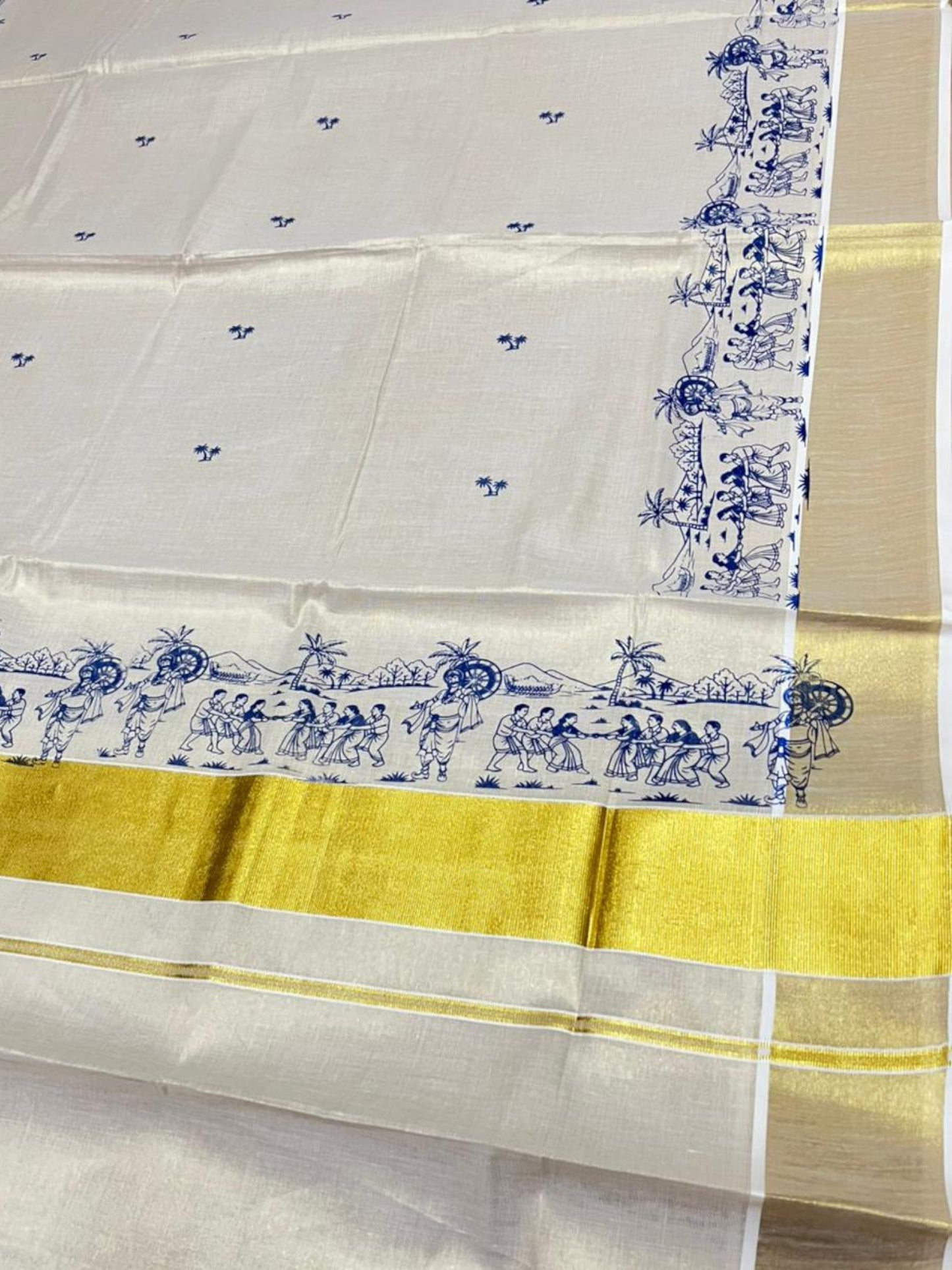 Southloom Tissue Kerala Kasavu Saree with Onam Digital Print on Body and Border in Blue SL495