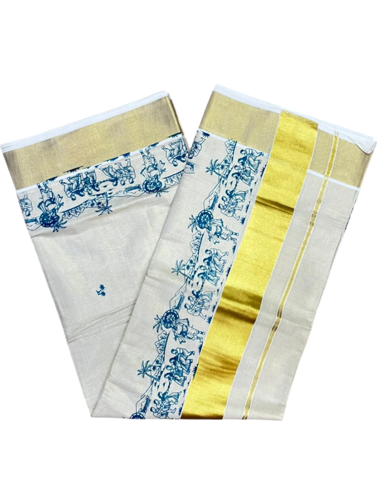 Southloom Tissue Kerala Kasavu Saree with Onam Digital Print on Body and Border in Peacock Blue SL495