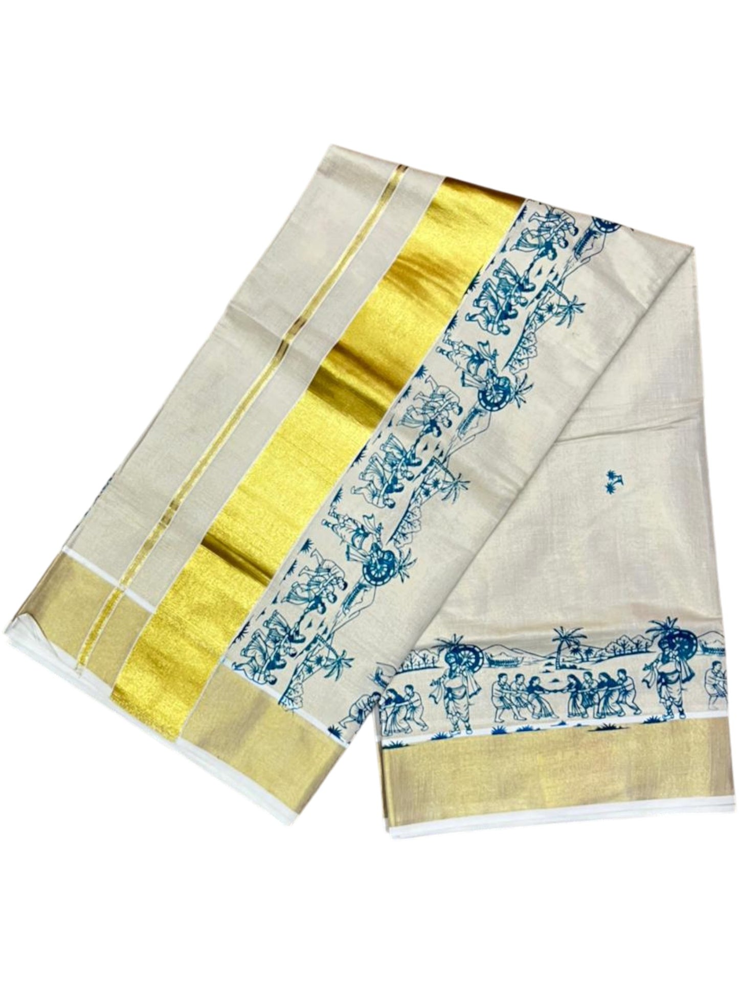 Southloom Tissue Kerala Kasavu Saree with Onam Digital Print on Body and Border in Peacock Blue SL495