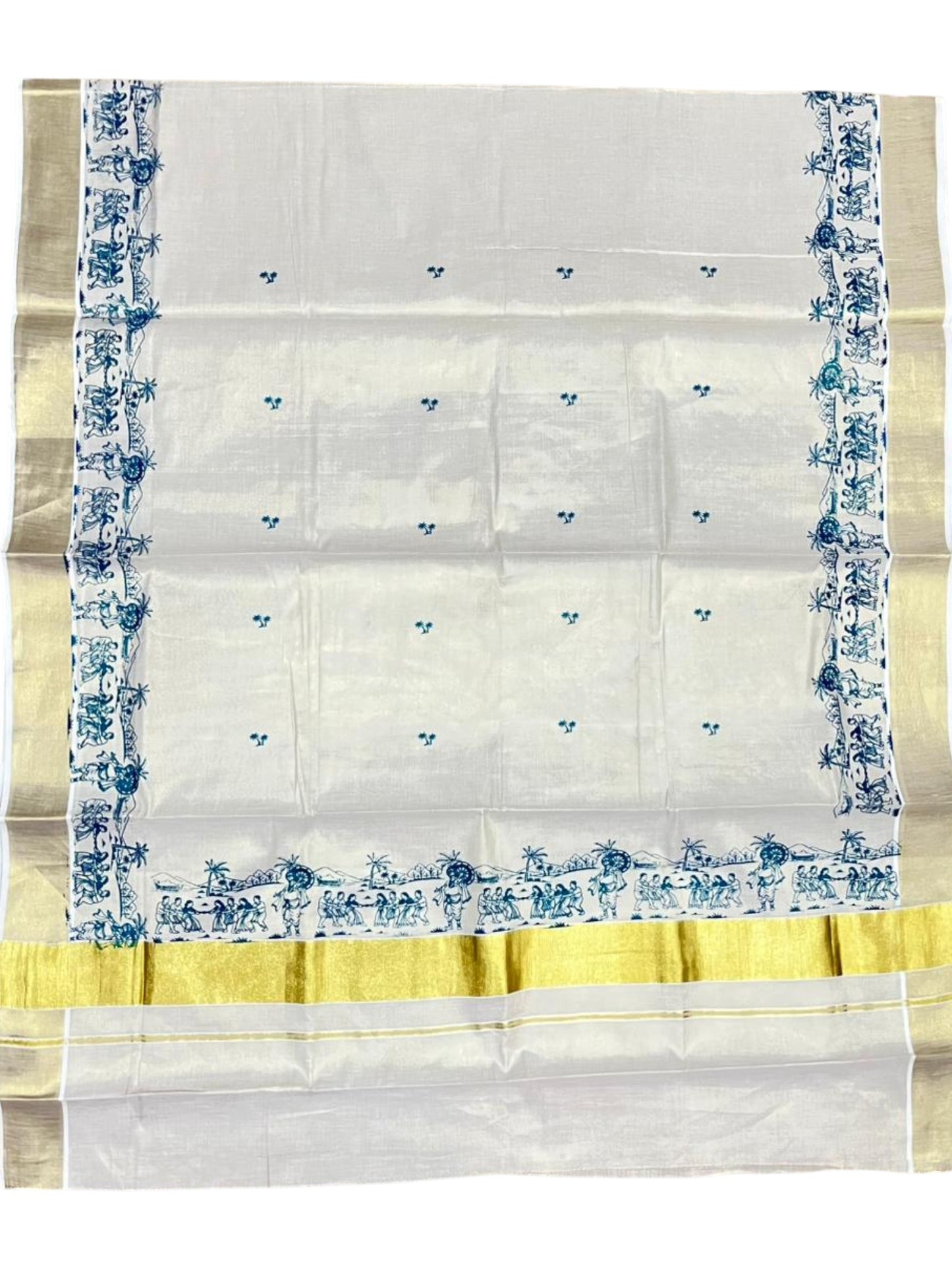 Southloom Tissue Kerala Kasavu Saree with Onam Digital Print on Body and Border in Peacock Blue SL495
