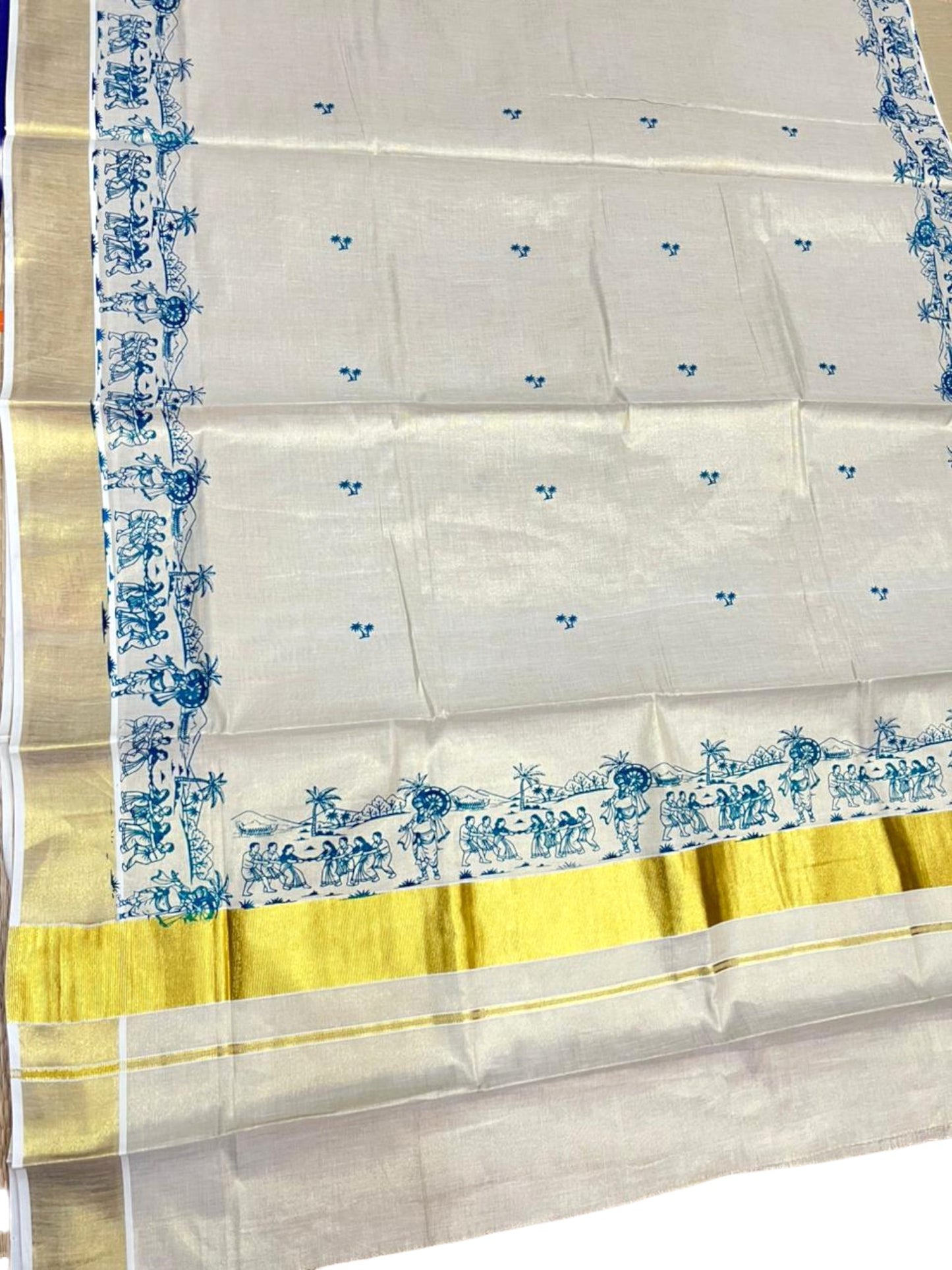Southloom Tissue Kerala Kasavu Saree with Onam Digital Print on Body and Border in Peacock Blue SL495