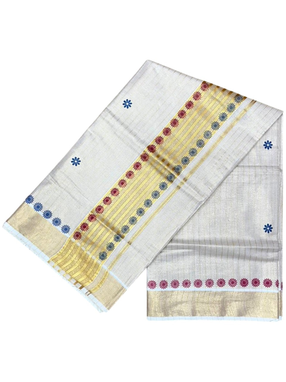 Southloom Tissue Kerala Kasavu Saree with Floral Digital Print on Body and Border in Blue & Magenta SL496