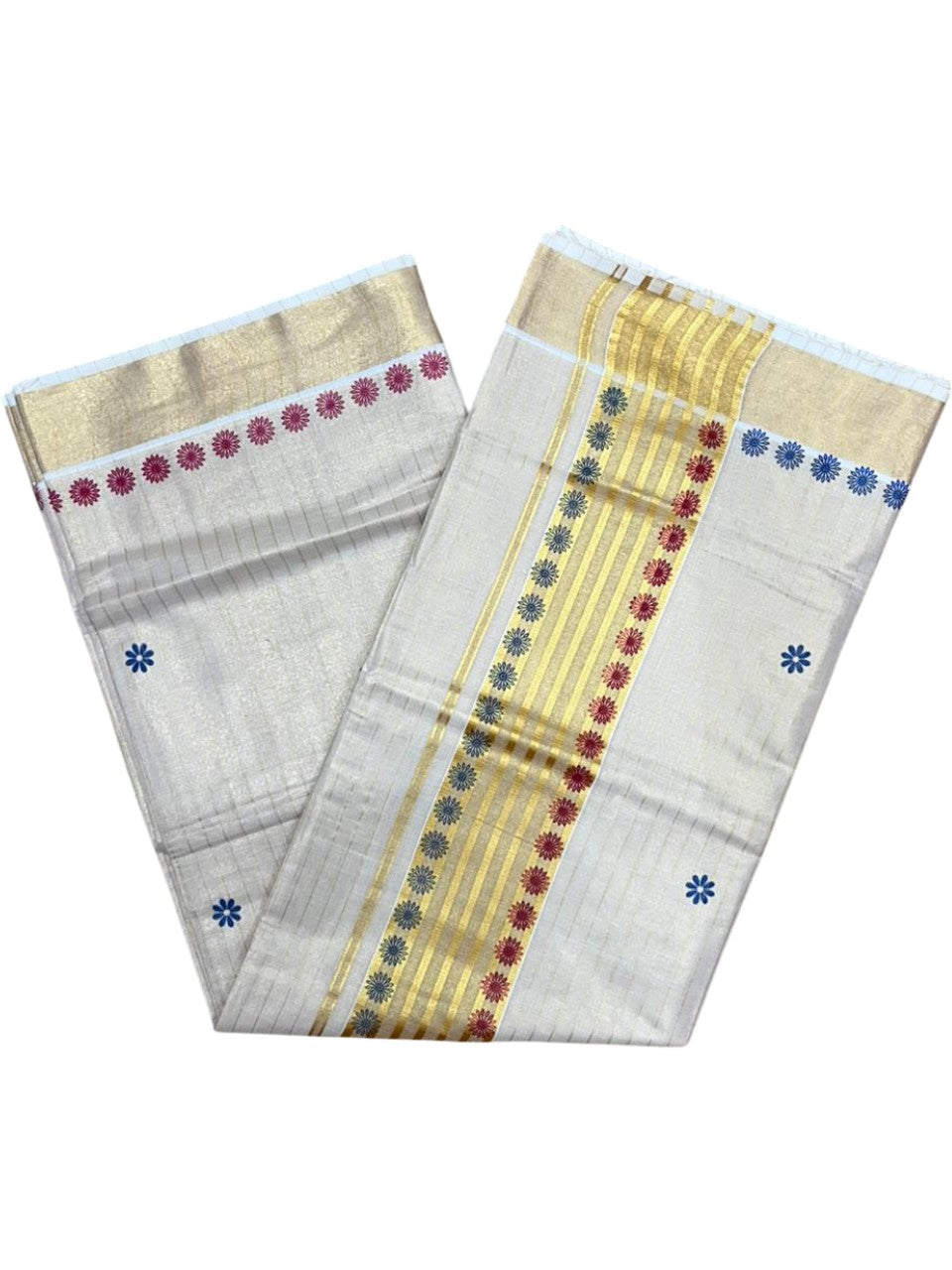 Southloom Tissue Kerala Kasavu Saree with Floral Digital Print on Body and Border in Blue & Magenta SL496