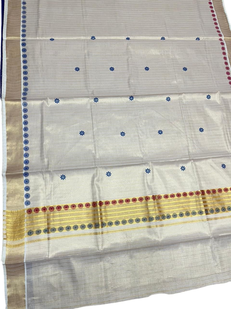 Southloom Tissue Kerala Kasavu Saree with Floral Digital Print on Body and Border in Blue & Magenta SL496