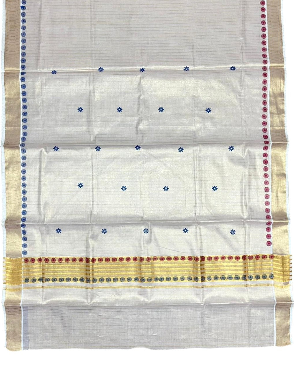 Southloom Tissue Kerala Kasavu Saree with Floral Digital Print on Body and Border in Blue & Magenta SL496