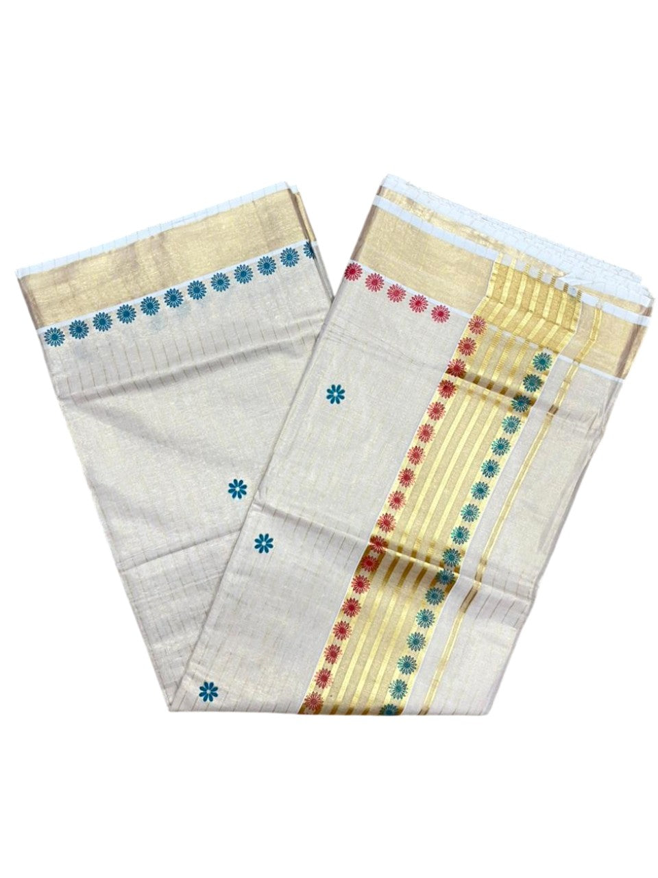 Southloom Tissue Kerala Kasavu Saree with Floral Digital Print on Body and Border in Peacock Blue & Red SL496
