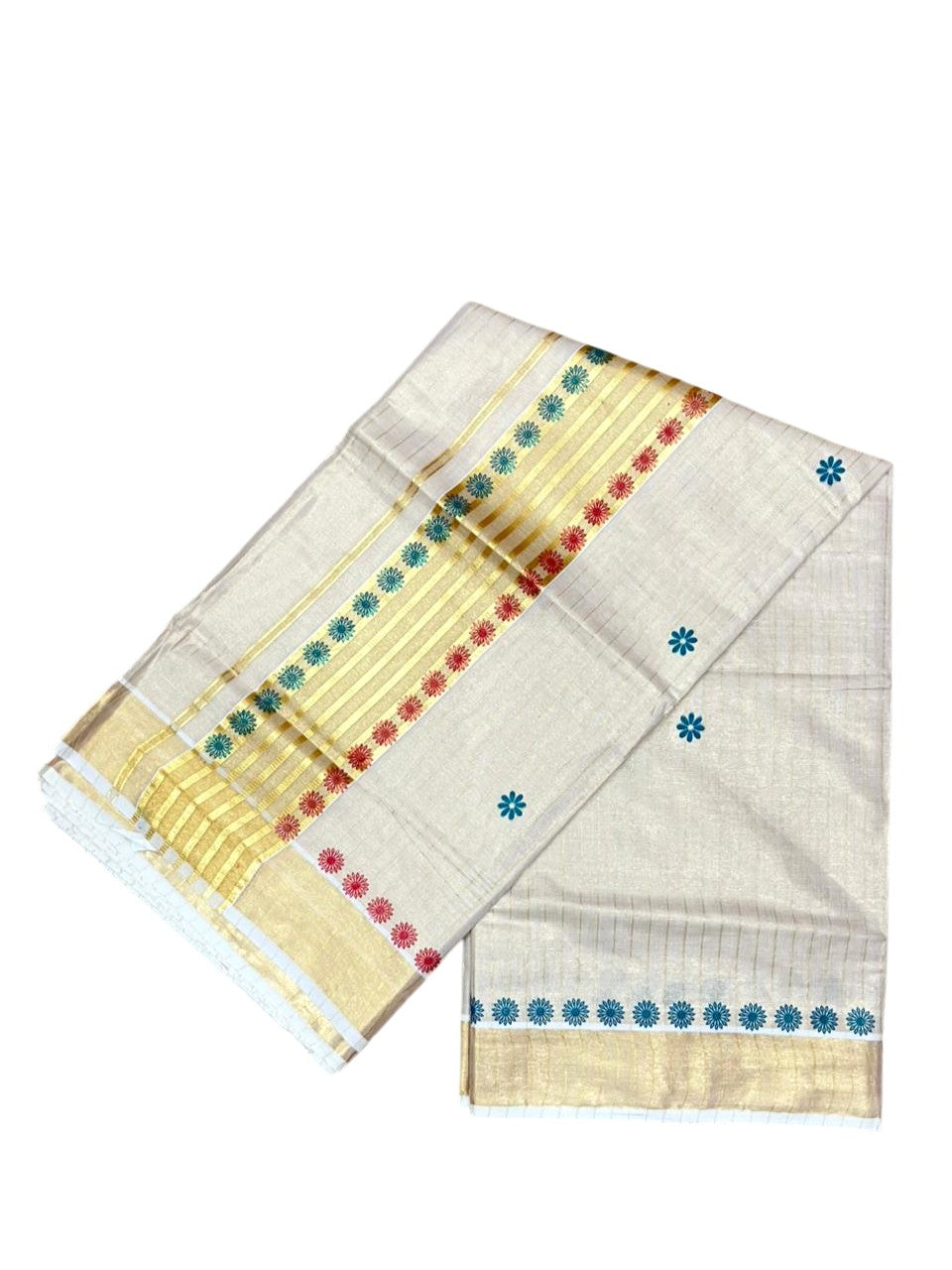 Southloom Tissue Kerala Kasavu Saree with Floral Digital Print on Body and Border in Peacock Blue & Red SL496