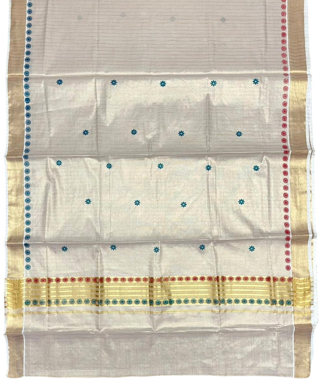 Southloom Tissue Kerala Kasavu Saree with Floral Digital Print on Body and Border in Peacock Blue & Red SL496
