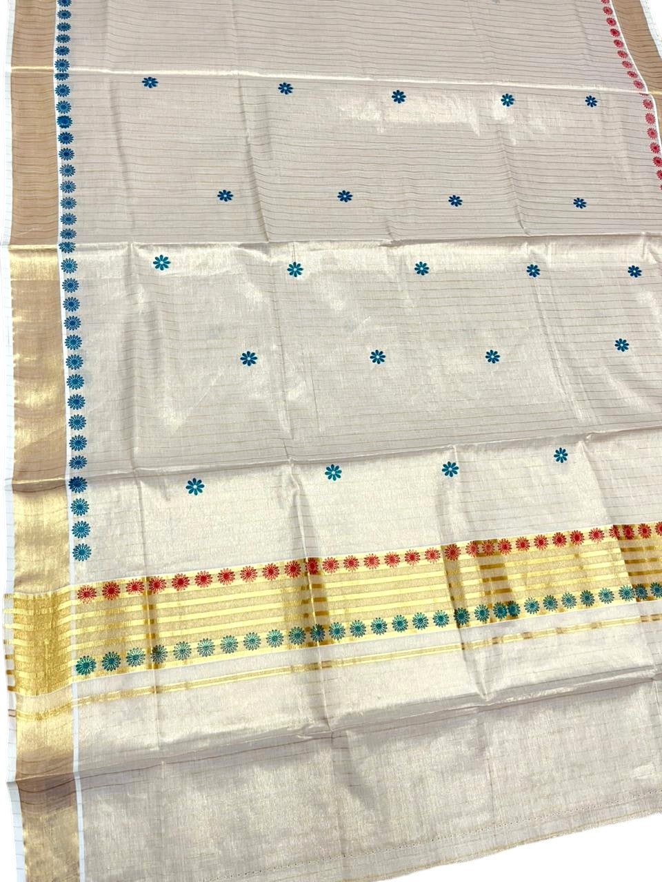 Southloom Tissue Kerala Kasavu Saree with Floral Digital Print on Body and Border in Peacock Blue & Red SL496