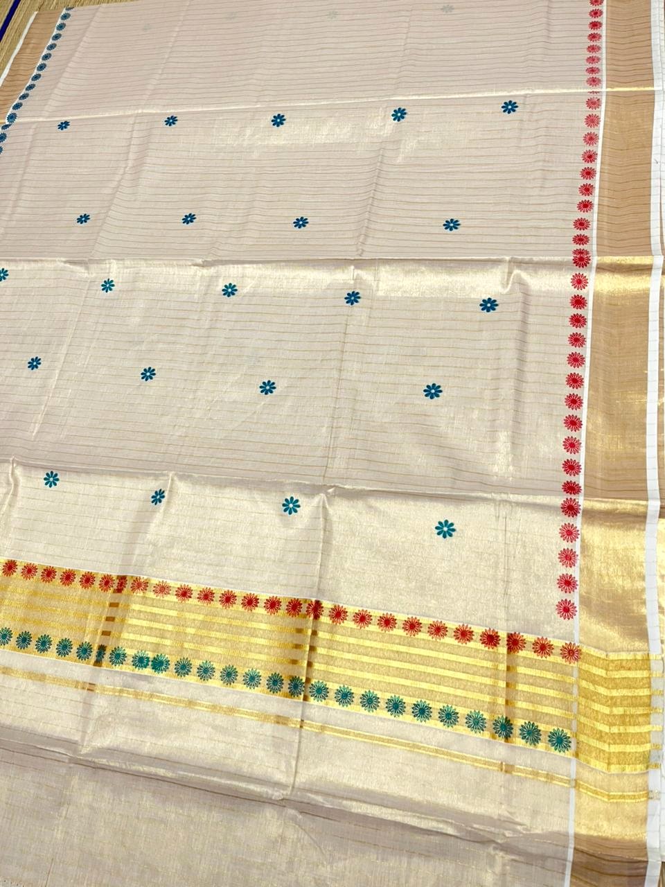Southloom Tissue Kerala Kasavu Saree with Floral Digital Print on Body and Border in Peacock Blue & Red SL496