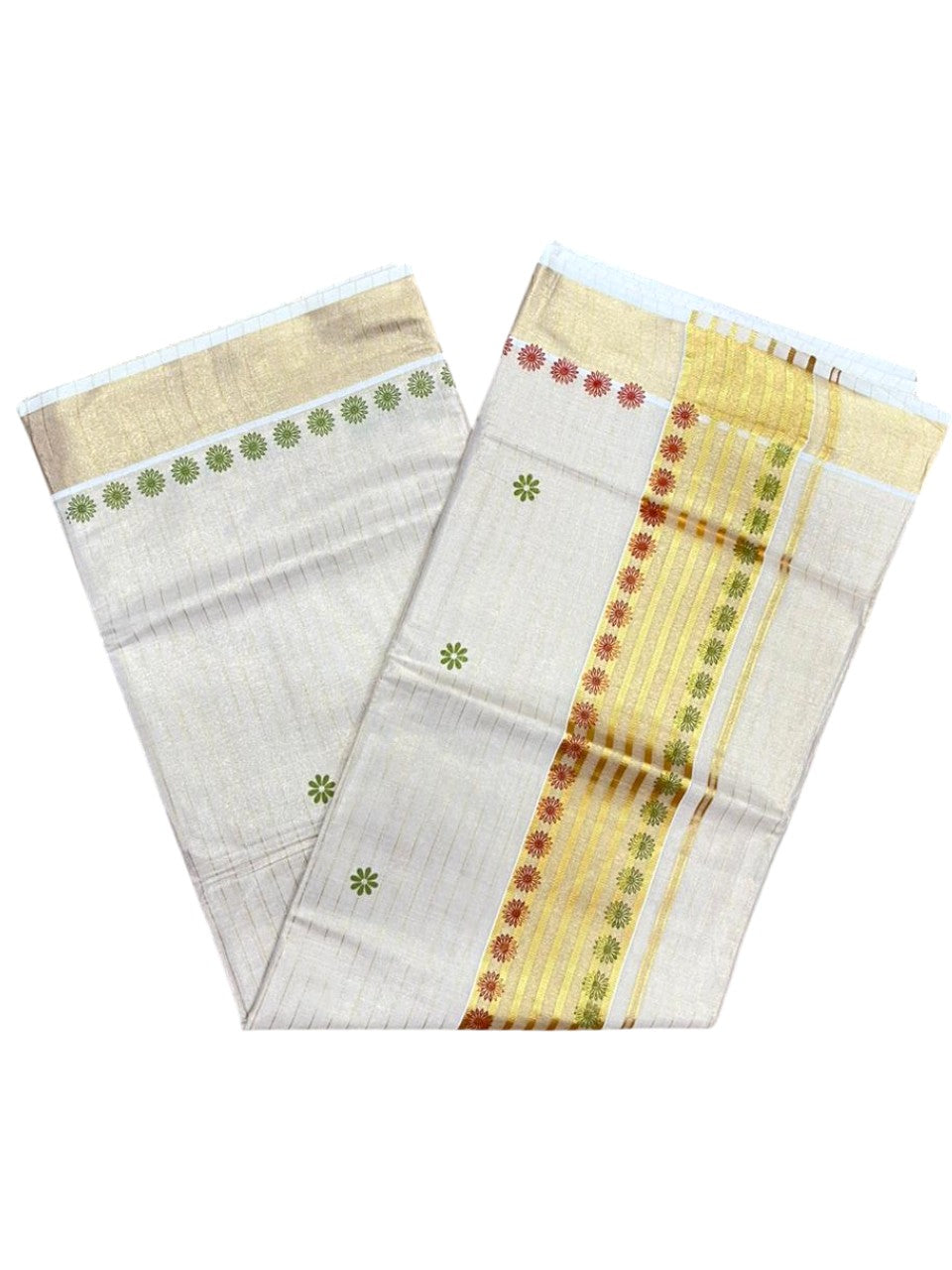 Southloom Tissue Kerala Kasavu Saree with Floral Digital Print on Body and Border in Olive Green & Red SL496