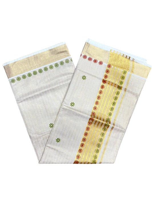 Southloom Tissue Kerala Kasavu Saree with Floral Digital Print on Body and Border in Olive Green & Red SL496