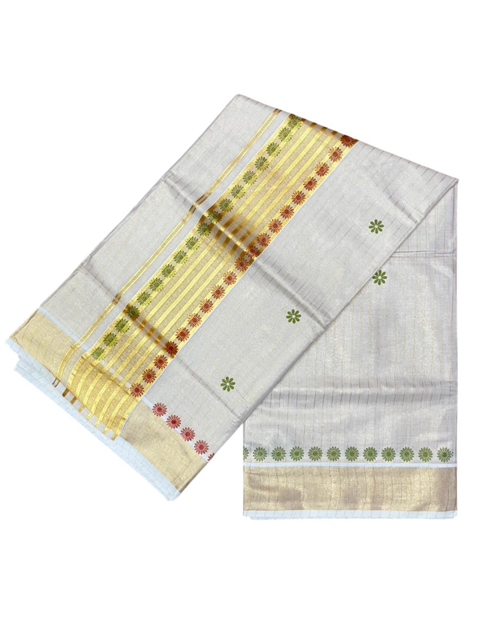 Southloom Tissue Kerala Kasavu Saree with Floral Digital Print on Body and Border in Olive Green & Red SL496