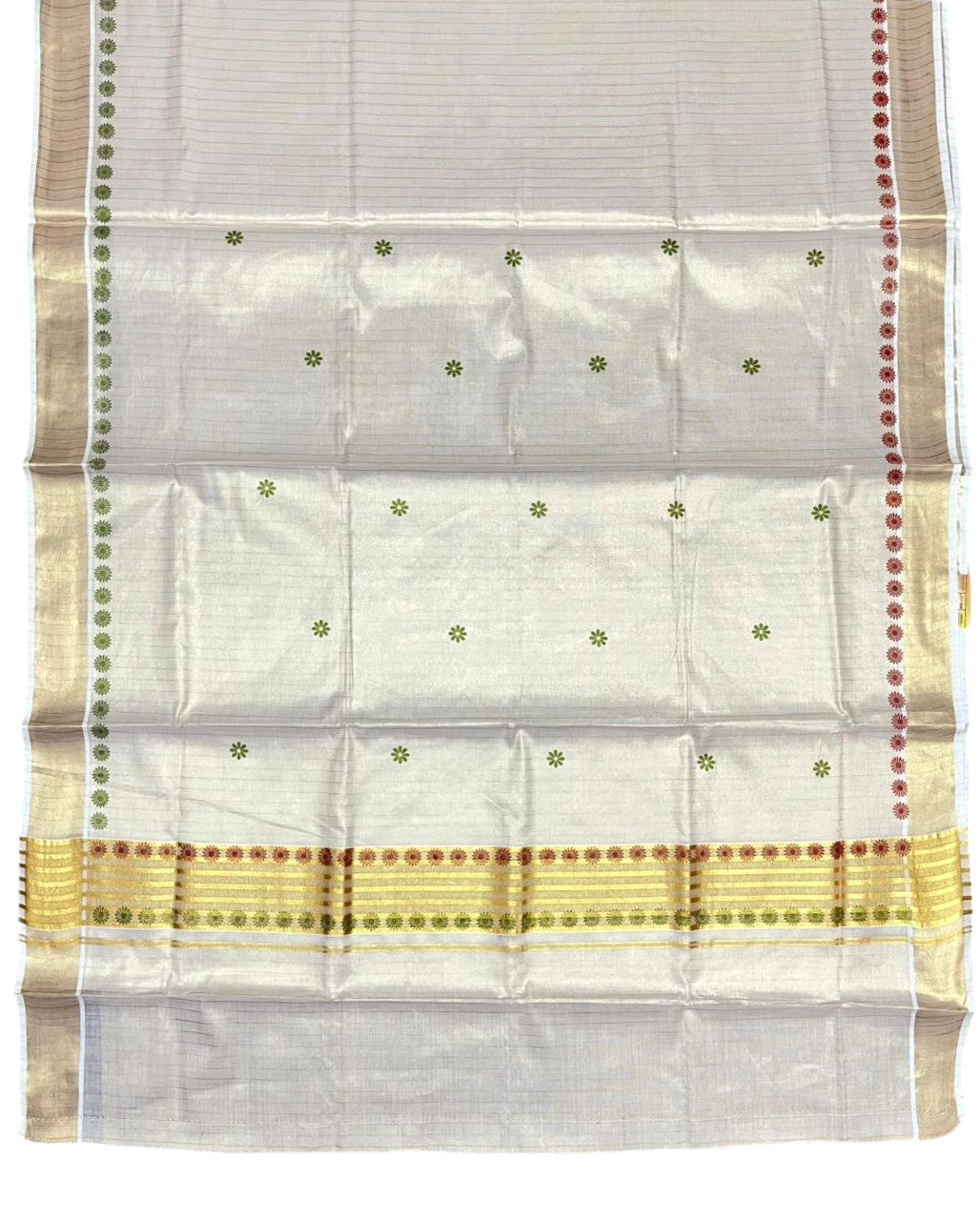 Southloom Tissue Kerala Kasavu Saree with Floral Digital Print on Body and Border in Olive Green & Red SL496