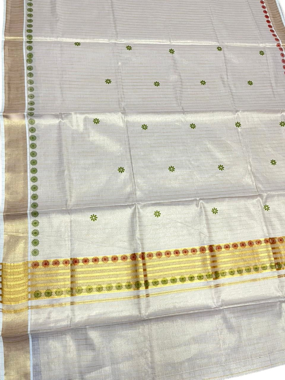 Southloom Tissue Kerala Kasavu Saree with Floral Digital Print on Body and Border in Olive Green & Red SL496