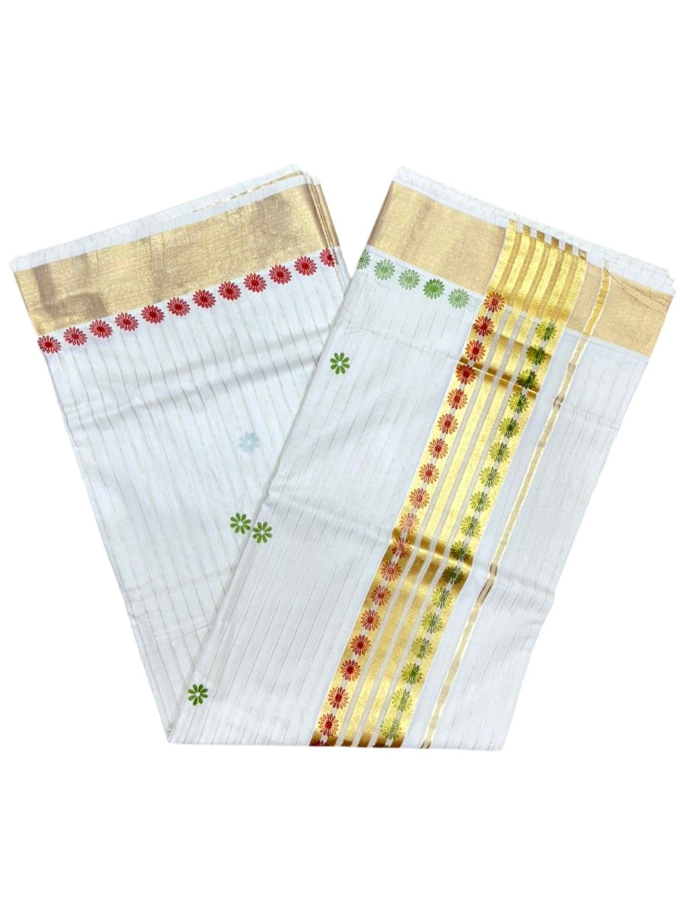 Southloom Cotton Kerala Kasavu Saree with Floral Digital Print on Body and Border in Olive Green & Red SL496