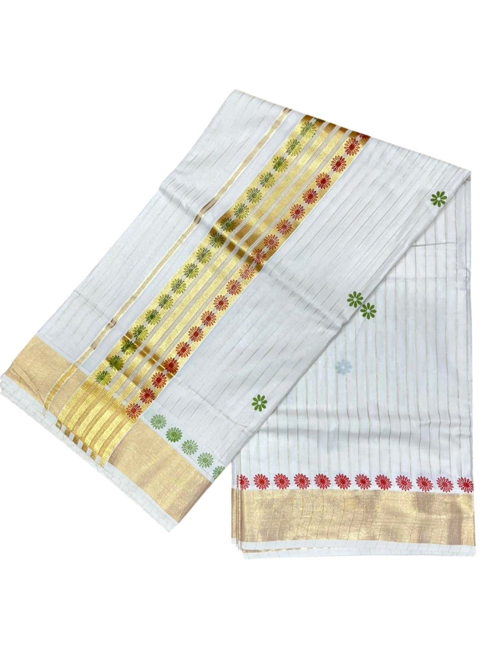 Southloom Cotton Kerala Kasavu Saree with Floral Digital Print on Body and Border in Olive Green & Red SL496