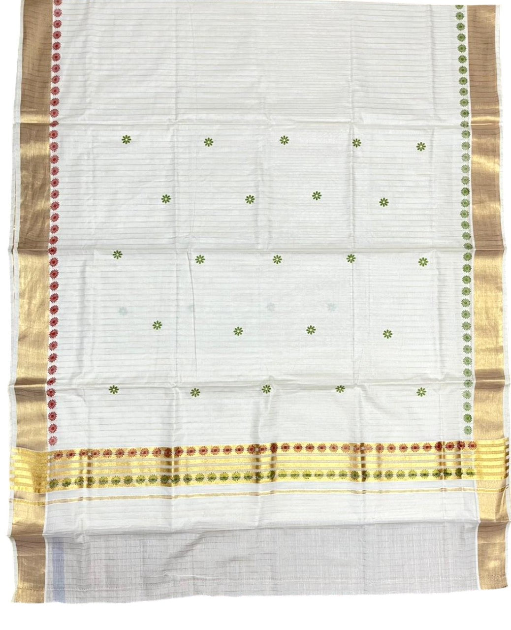 Southloom Cotton Kerala Kasavu Saree with Floral Digital Print on Body and Border in Olive Green & Red SL496