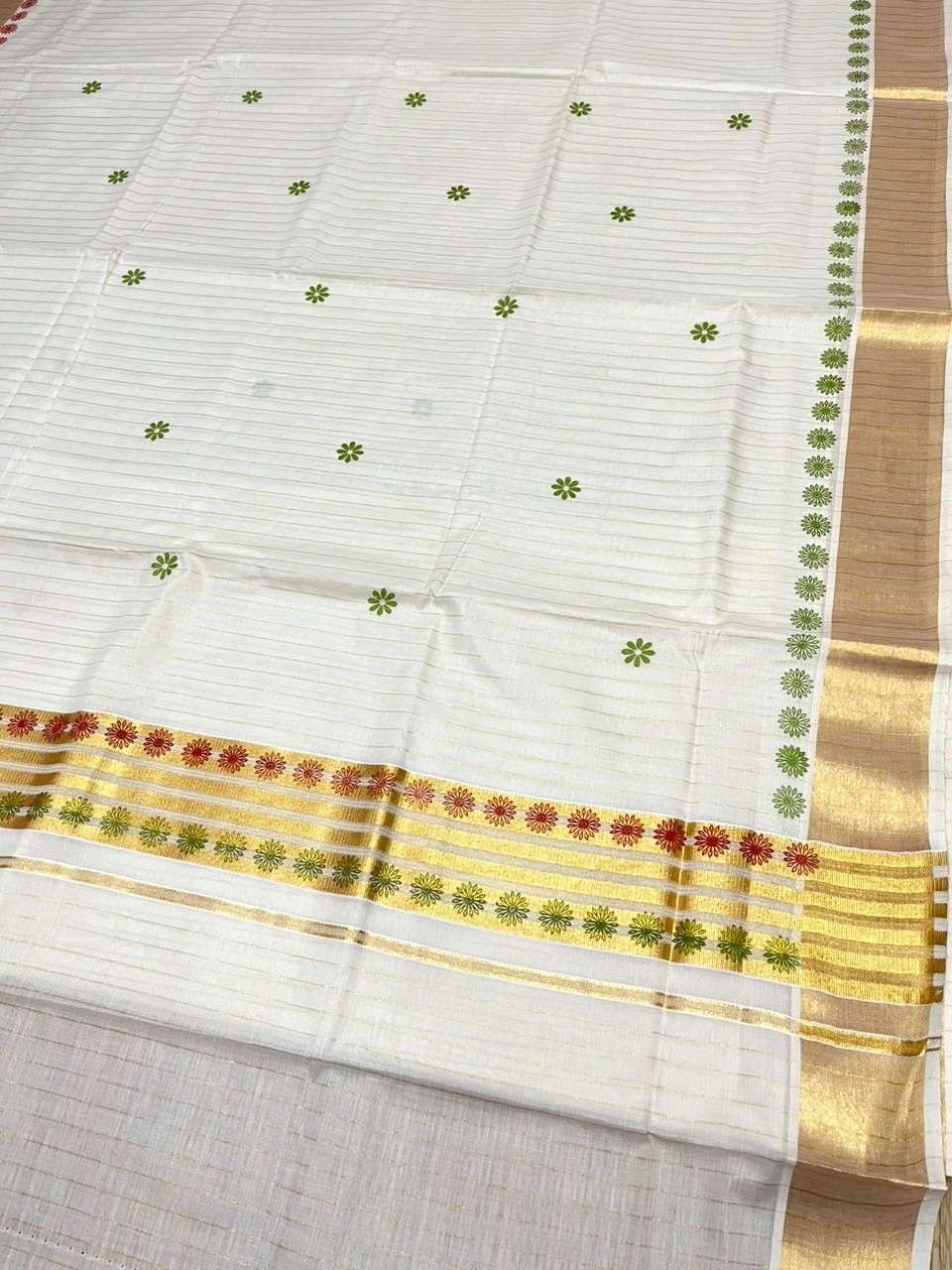 Southloom Cotton Kerala Kasavu Saree with Floral Digital Print on Body and Border in Olive Green & Red SL496