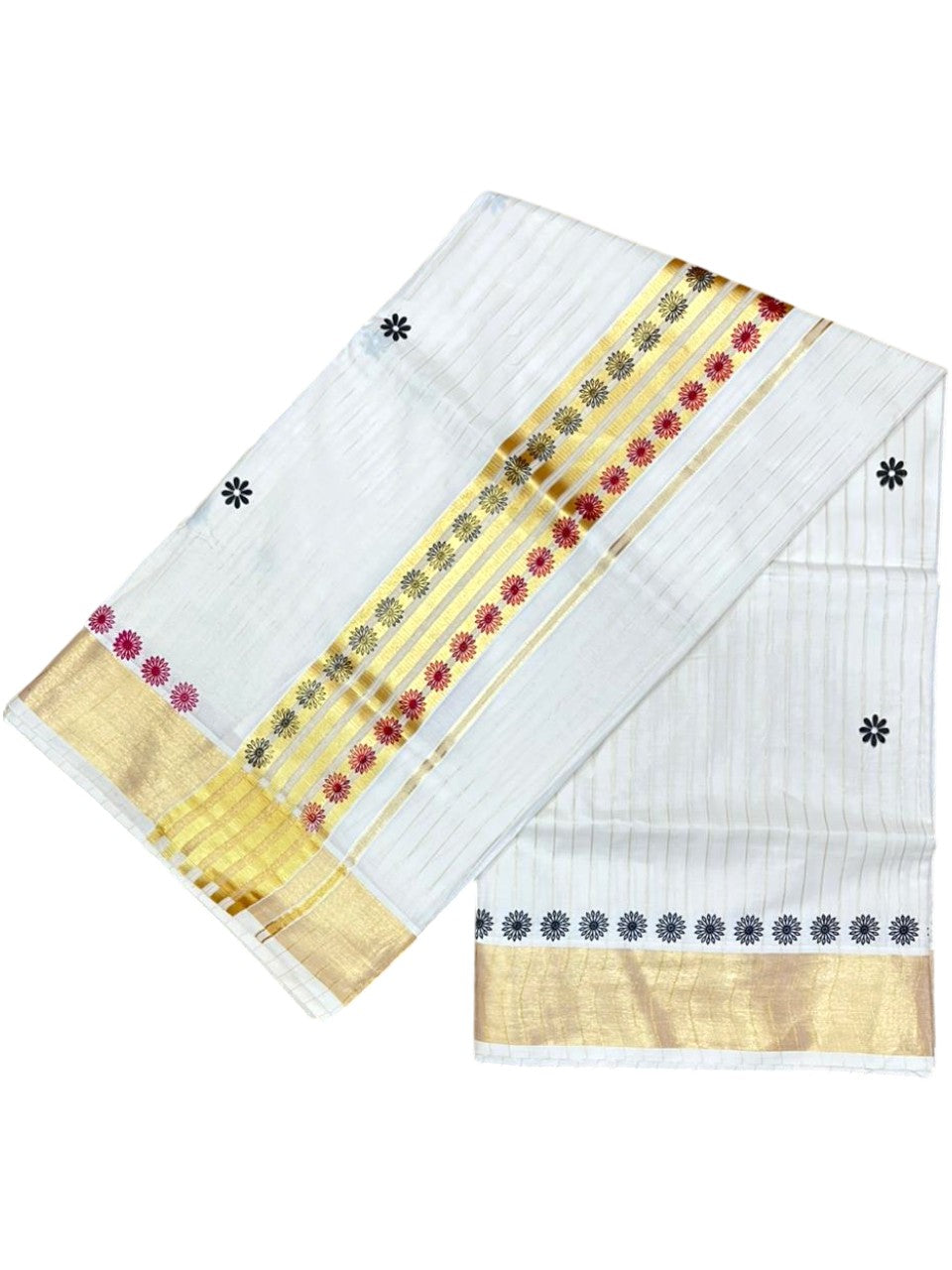 Southloom Cotton Kerala Kasavu Saree with Floral Digital Print on Body and Border in Magenta & Black SL496