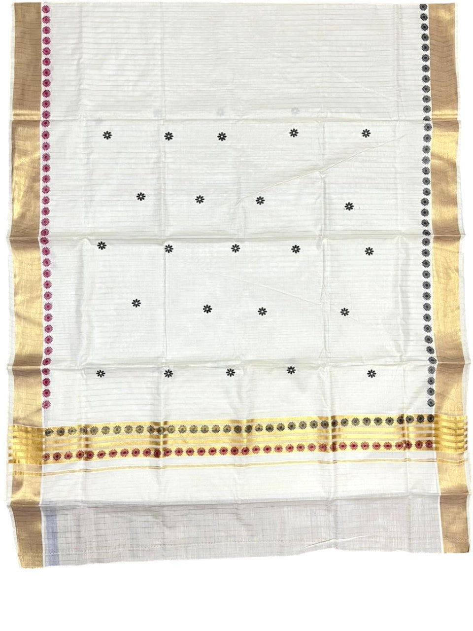 Southloom Cotton Kerala Kasavu Saree with Floral Digital Print on Body and Border in Magenta & Black SL496