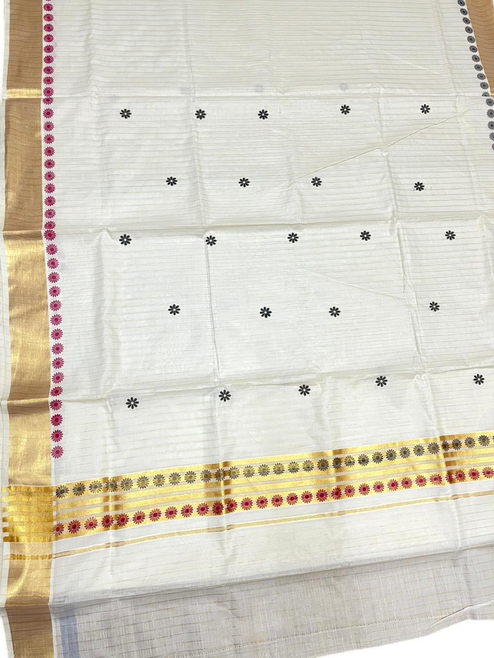 Southloom Cotton Kerala Kasavu Saree with Floral Digital Print on Body and Border in Magenta & Black SL496