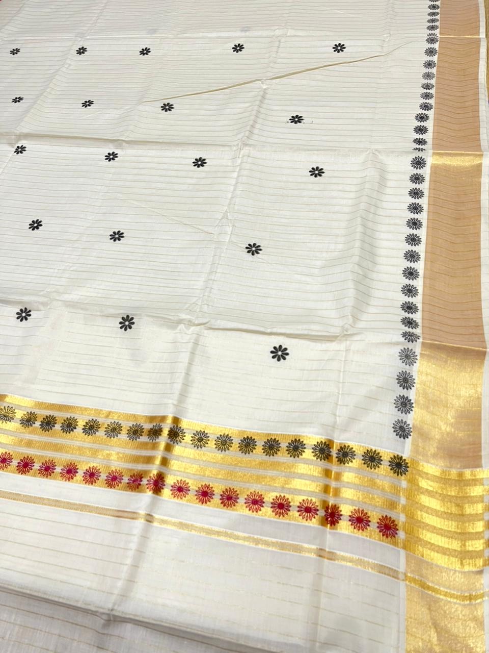 Southloom Cotton Kerala Kasavu Saree with Floral Digital Print on Body and Border in Magenta & Black SL496