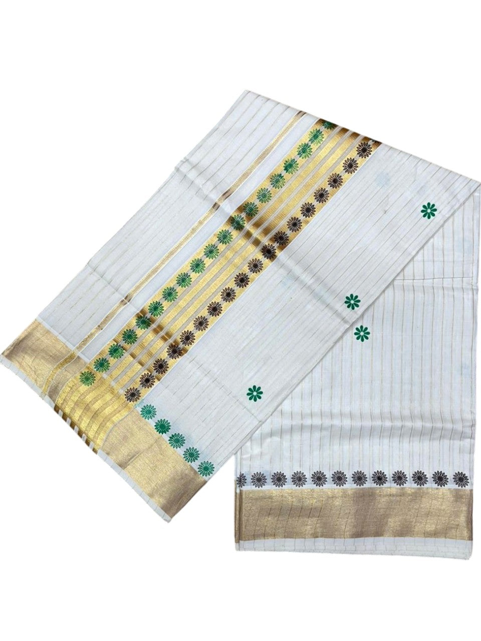 Southloom Cotton Kerala Kasavu Saree with Floral Digital Print on Body and Border in Green & Brown SL496