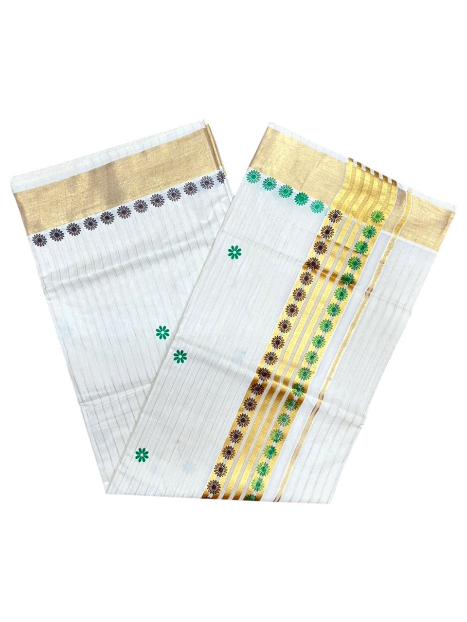 Southloom Cotton Kerala Kasavu Saree with Floral Digital Print on Body and Border in Green & Brown SL496