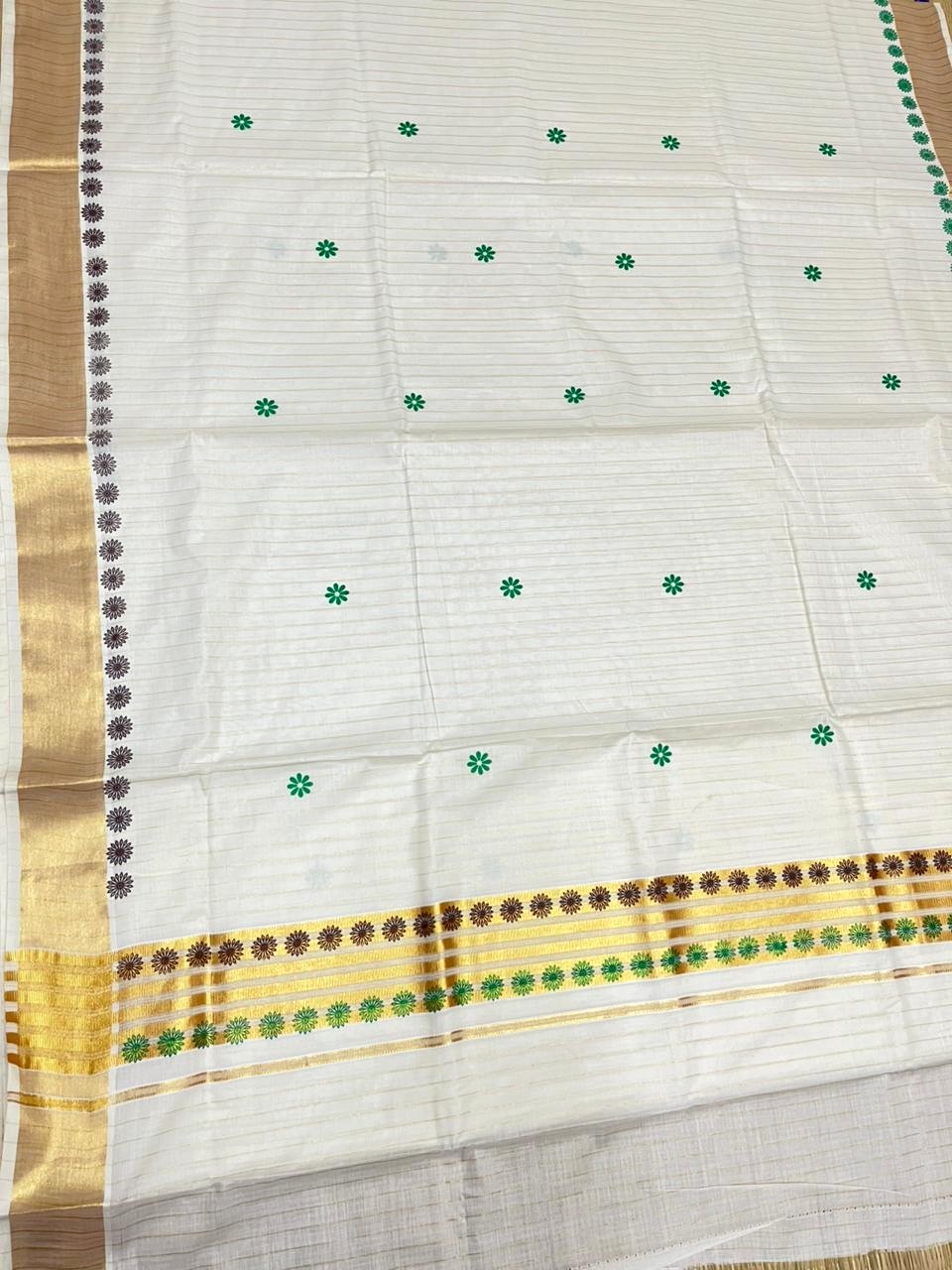 Southloom Cotton Kerala Kasavu Saree with Floral Digital Print on Body and Border in Green & Brown SL496