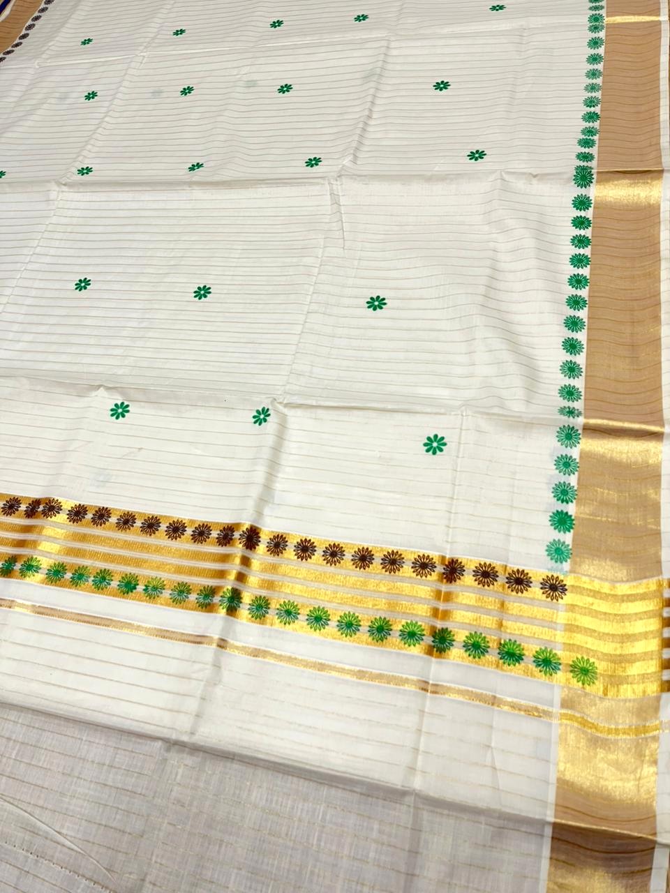 Southloom Cotton Kerala Kasavu Saree with Floral Digital Print on Body and Border in Green & Brown SL496