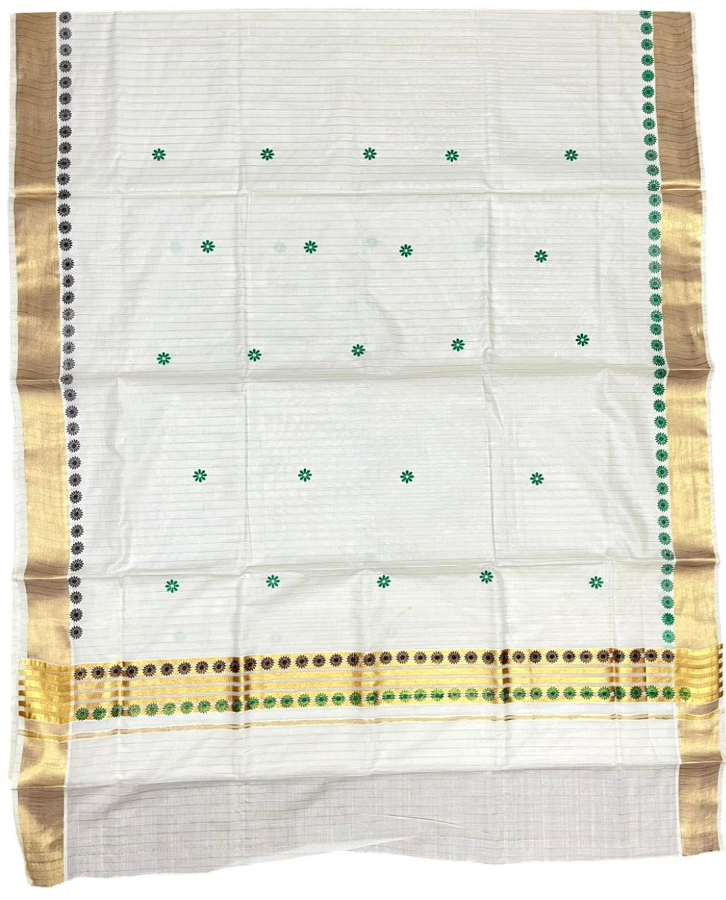 Southloom Cotton Kerala Kasavu Saree with Floral Digital Print on Body and Border in Green & Brown SL496