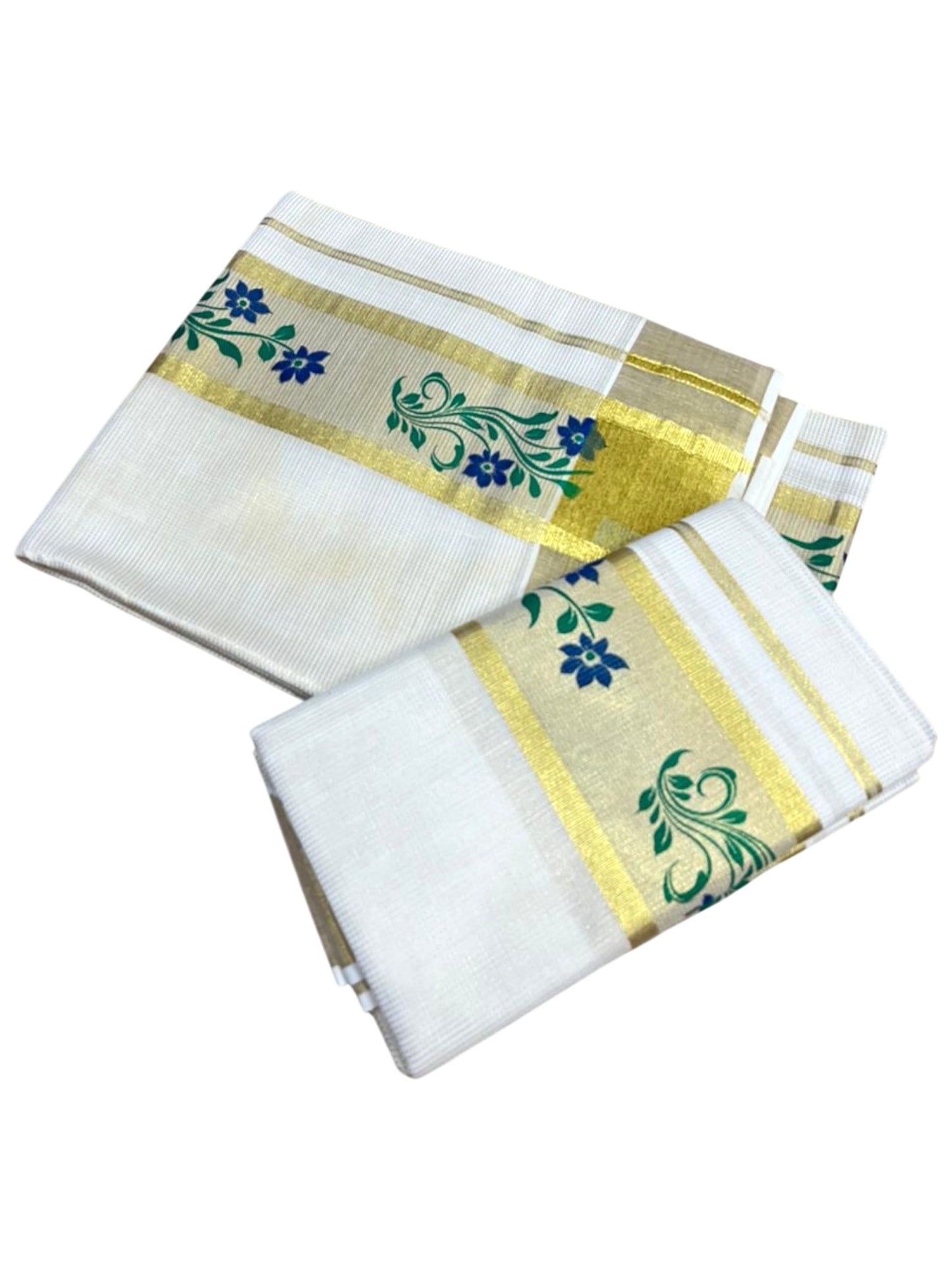 Southloom Pure Cotton Set Mundu with Gold Kasavu and Micro Stripes Across Body with Floral Print in Blue and Green 2.80 Mtrs SL405